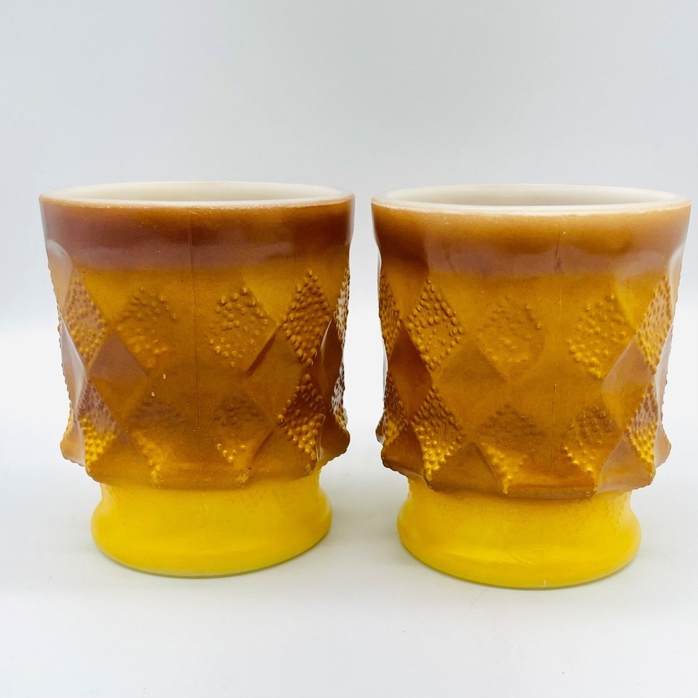 Fire-King Kimberly Coffee Mug Set 2 Vintage Milk Glass Yellow Brown Ombre - Picture 2 of 6